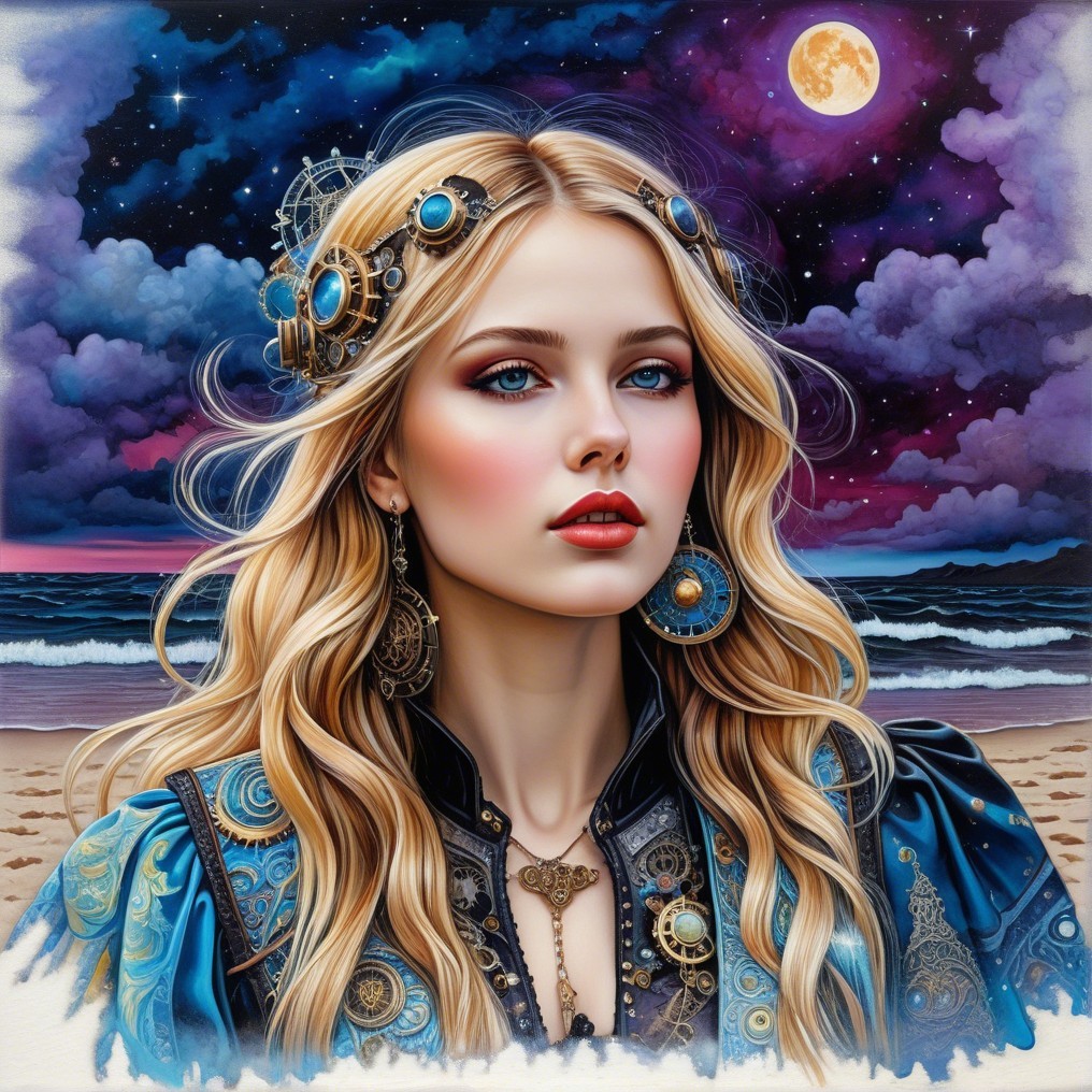 Mystical Woman by Shore Under Starry Night Sky