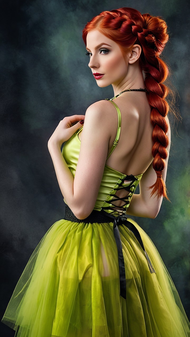 Portrait of a Woman in a Green Dress with Tulle Skirt