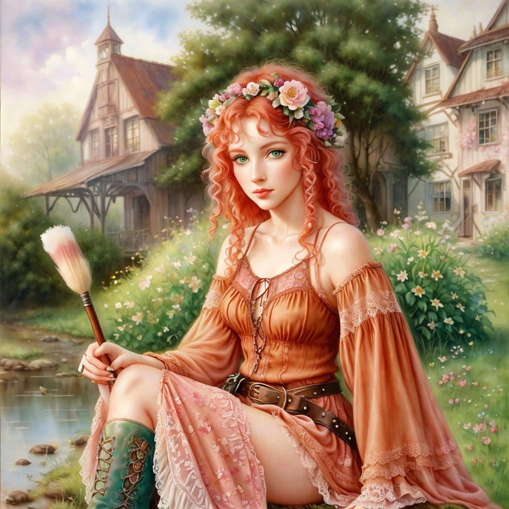 Young woman with red curls by a tranquil stream