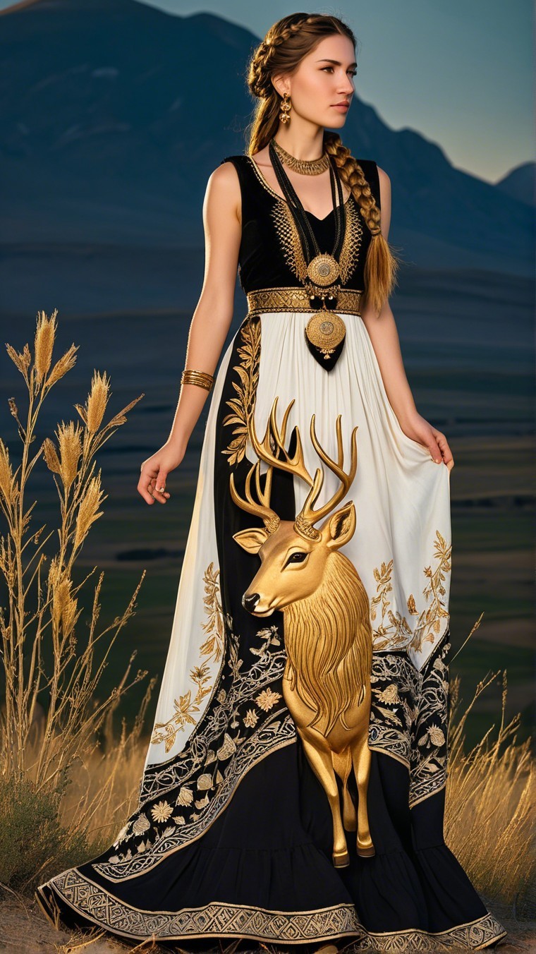 Model in Black and White Gown Amid Serene Landscape