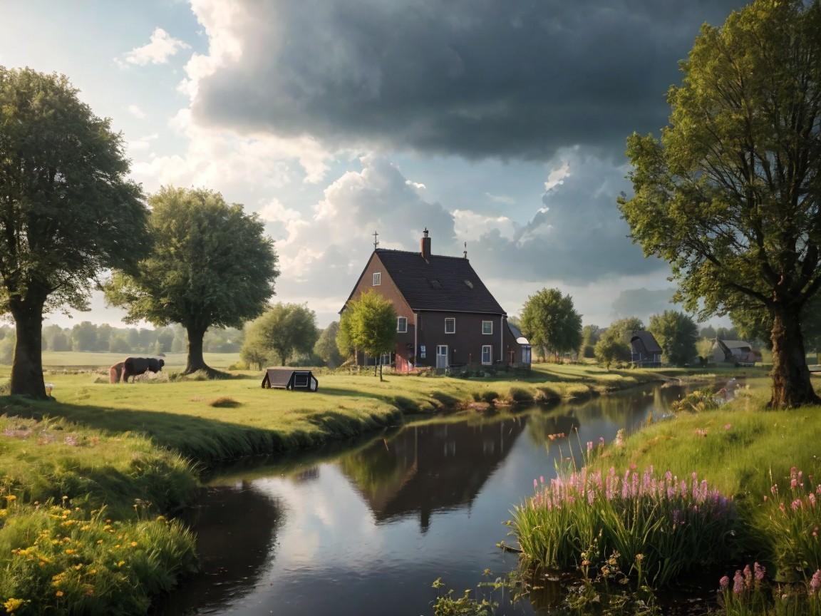 Tranquil Countryside Scene with House and Stream
