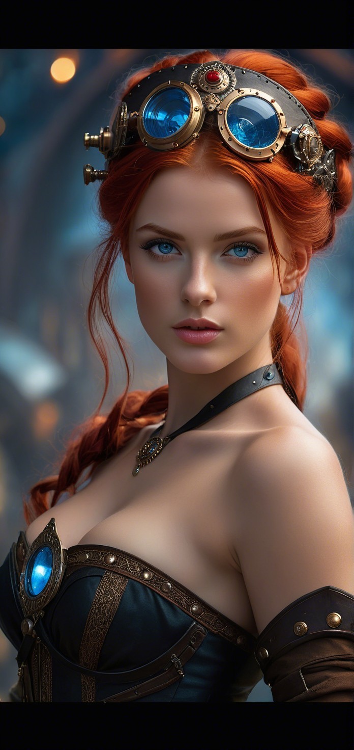 Steampunk Woman with Red Hair and Mechanical Outfit