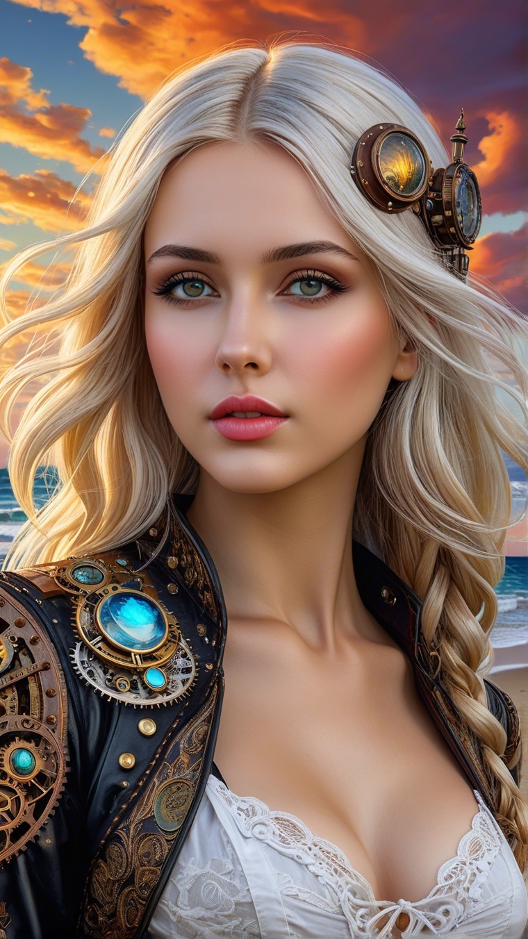 Young Woman in Leather Jacket at Sunset by Ocean