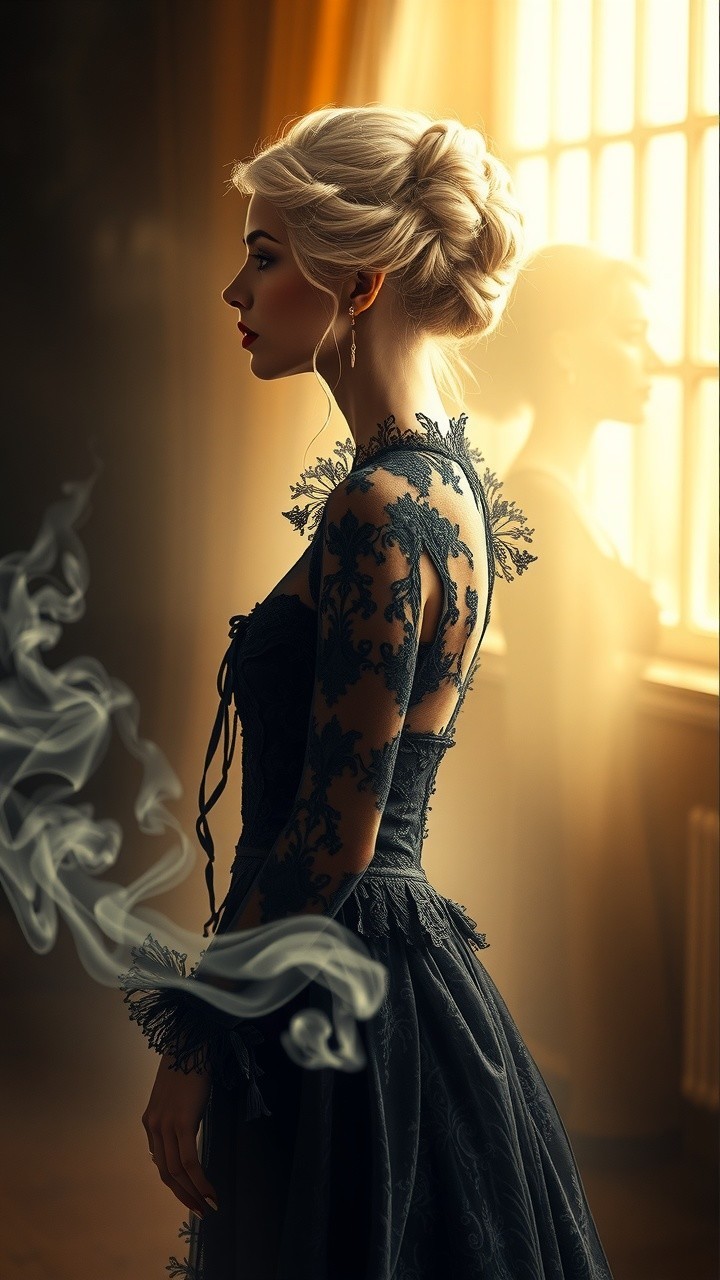 Elegant Woman in Black Gown with Lace Detailing