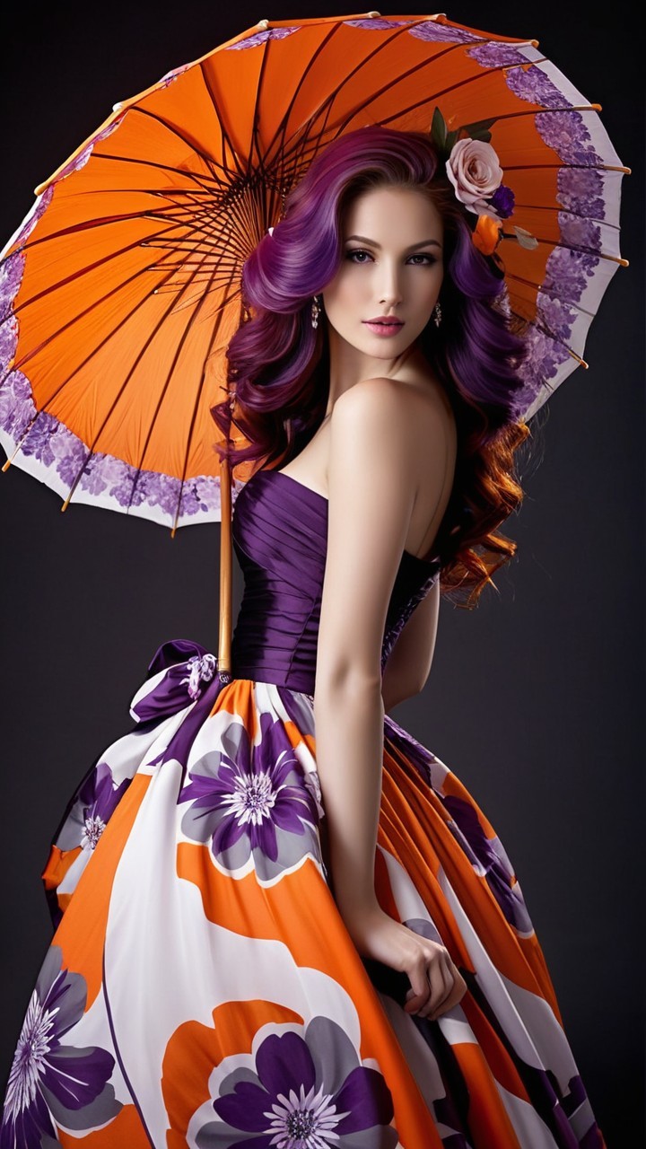 Glamorous Woman with Purple Hair and Orange Parasol