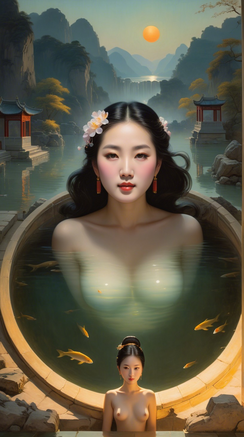 Oil Painting of Nude Woman in Serene Water Setting