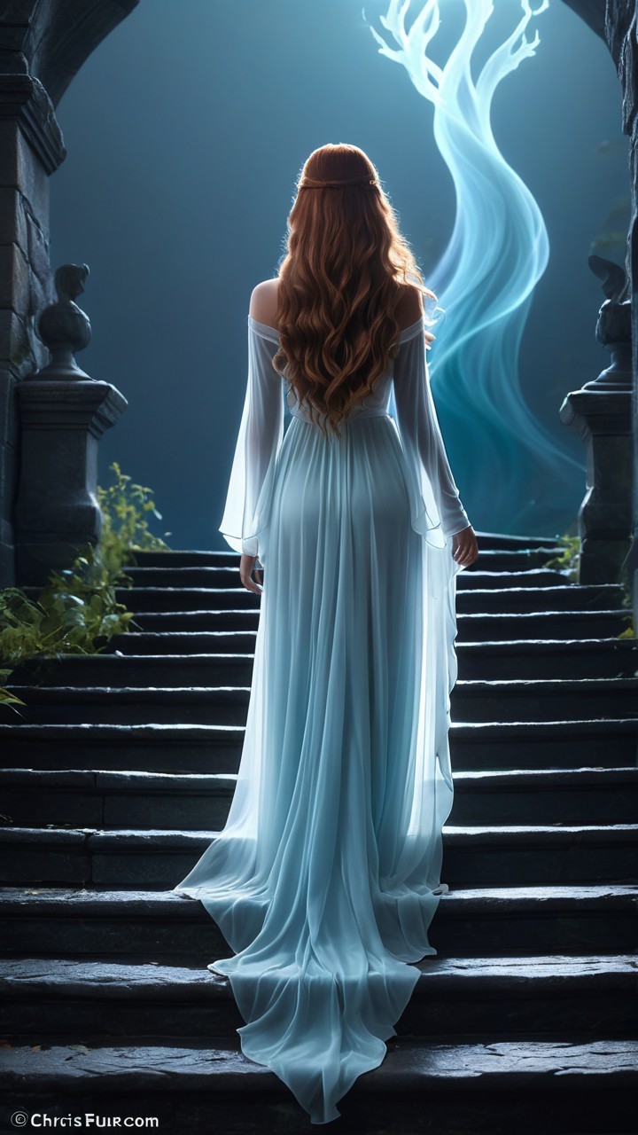 Woman in light blue gown on stone steps with mist