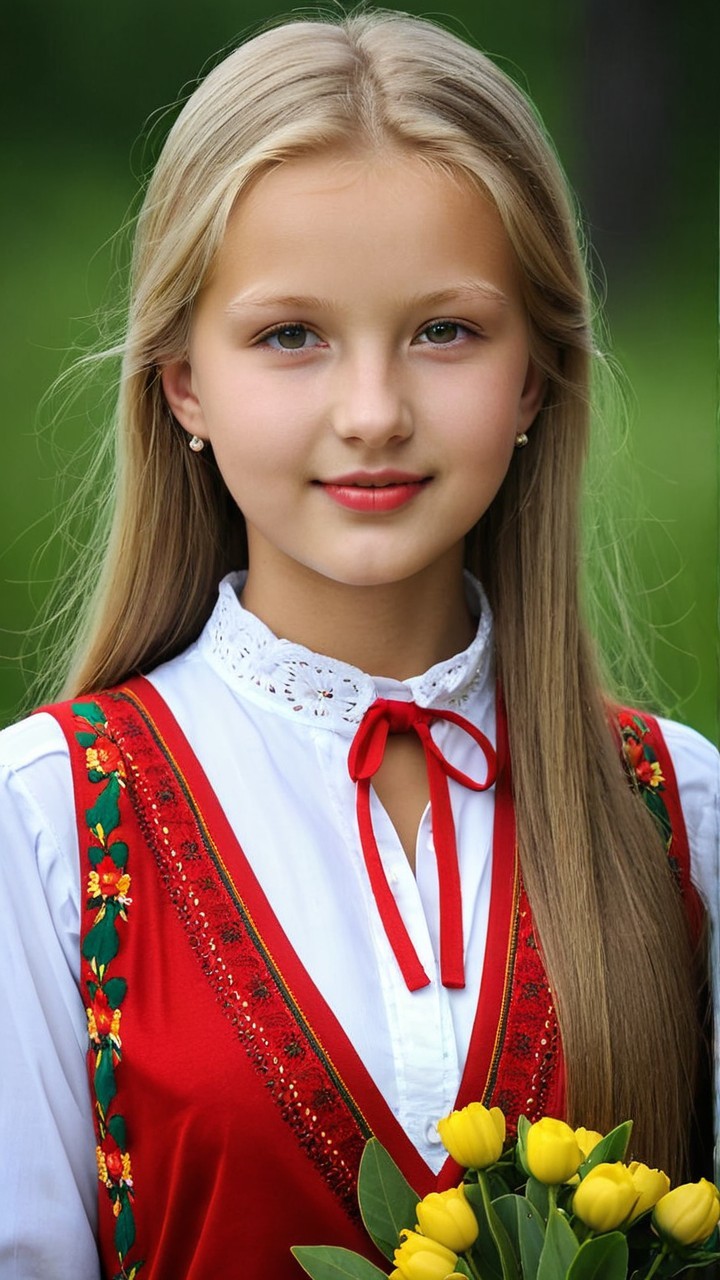 Young girl in traditional dress with yellow tulips