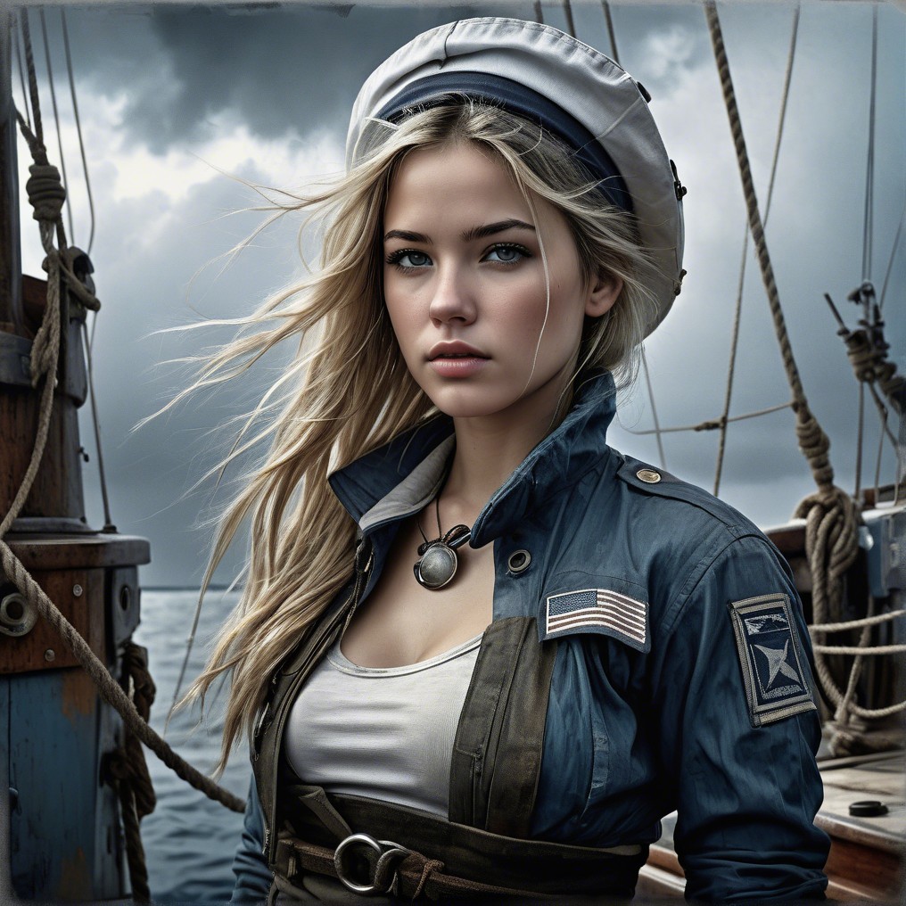 Young Woman on Ship Deck with Dramatic Sea View