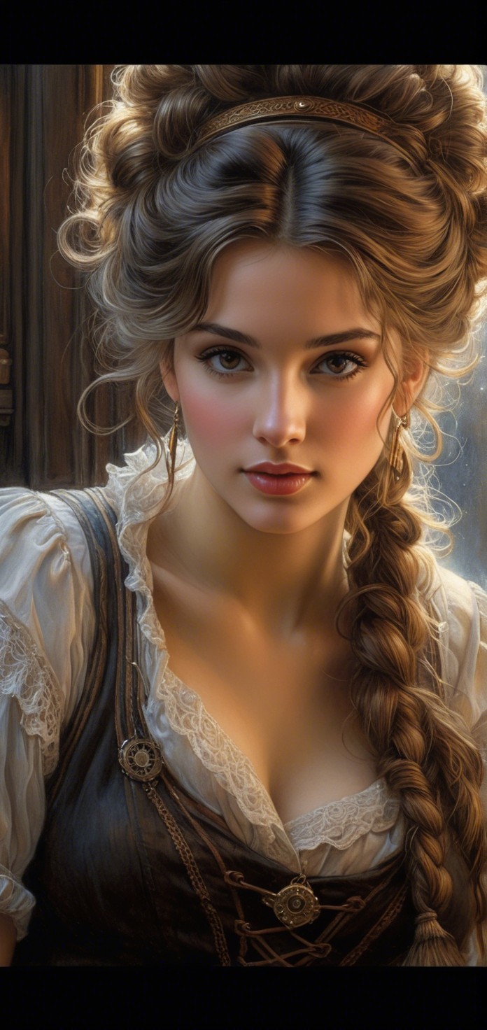 Elegant young woman in vintage lace dress with braid