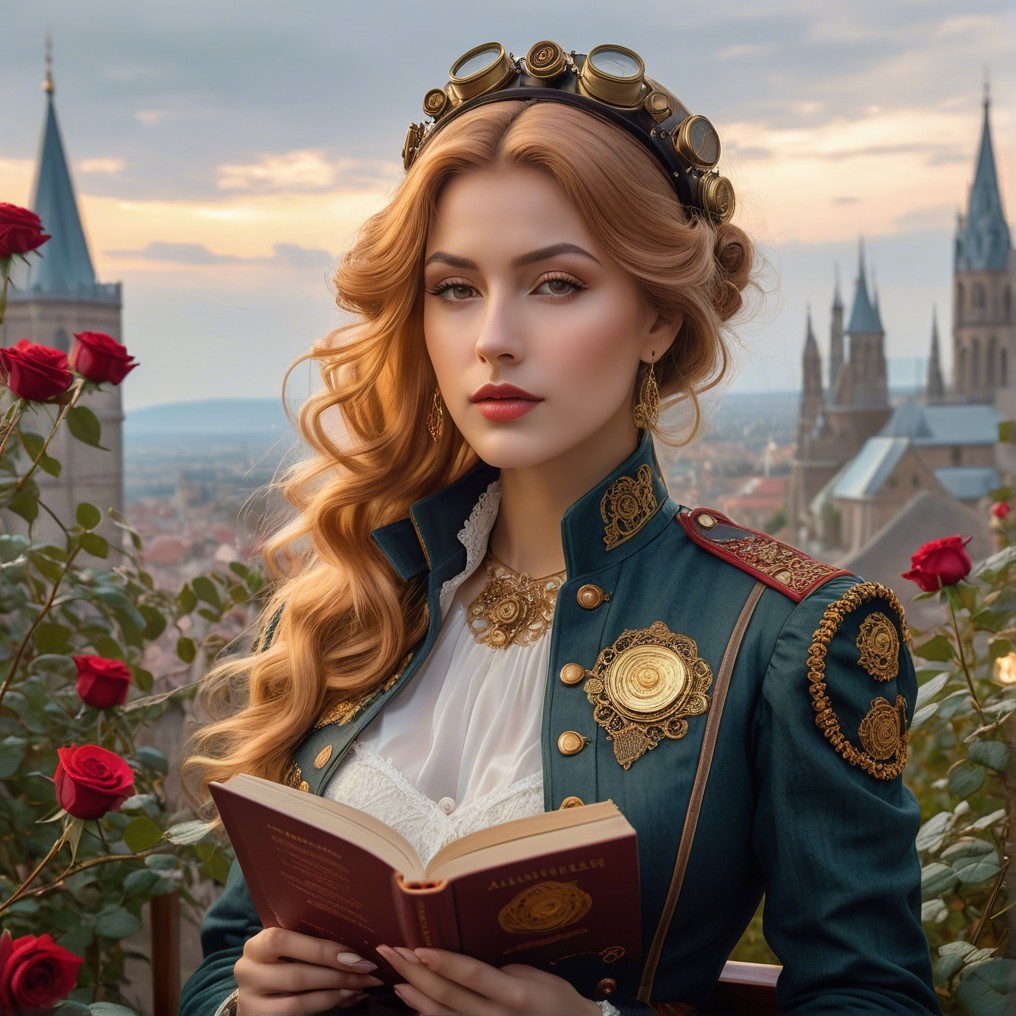 Regal woman in historical uniform with open book