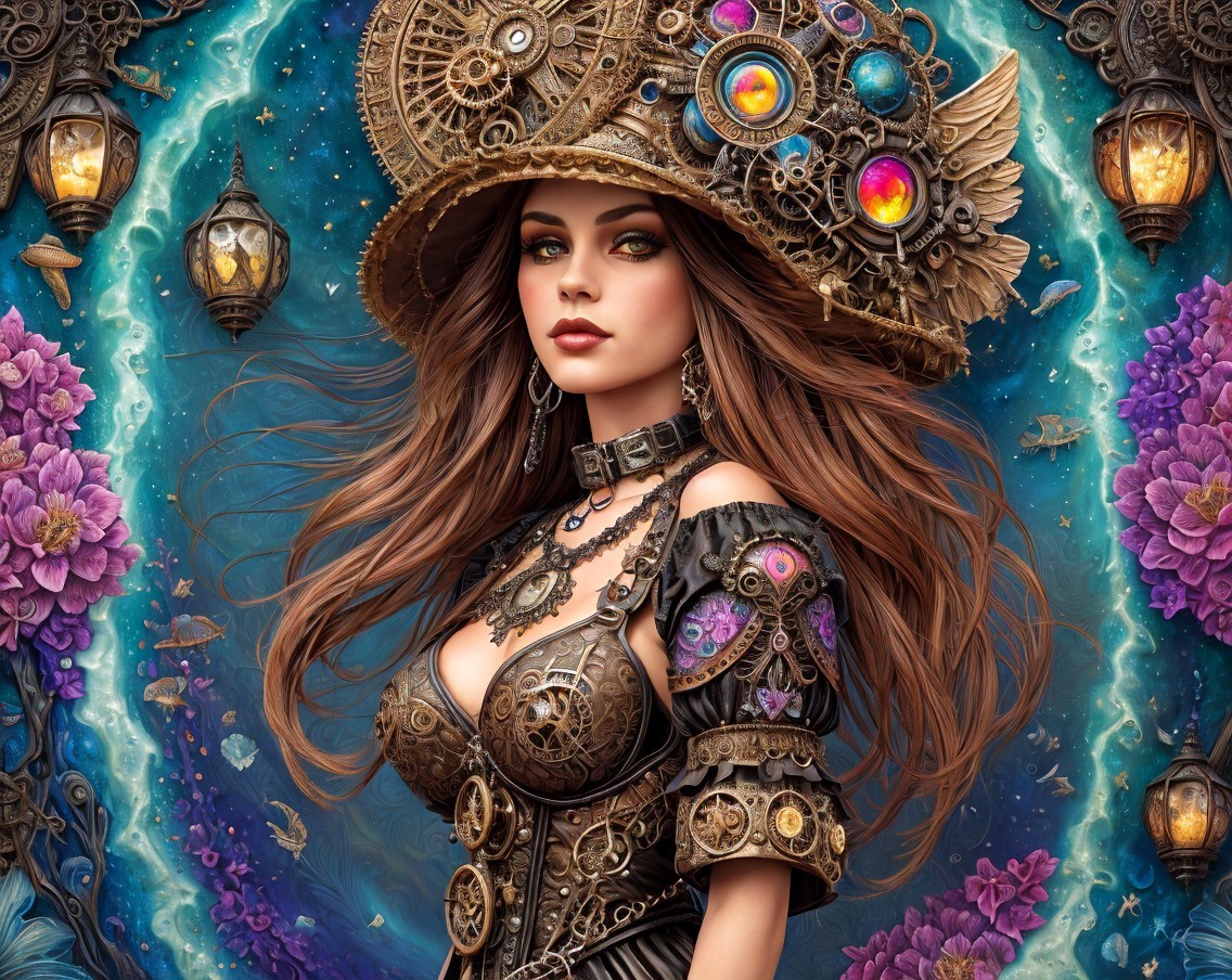 Steampunk-Inspired Woman with Colorful Floral Background