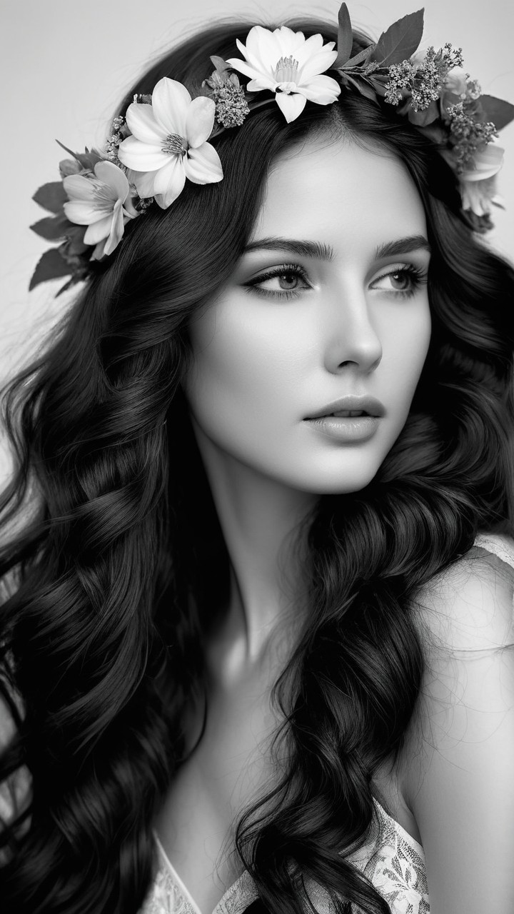 Black and White Portrait of a Young Woman with Curls