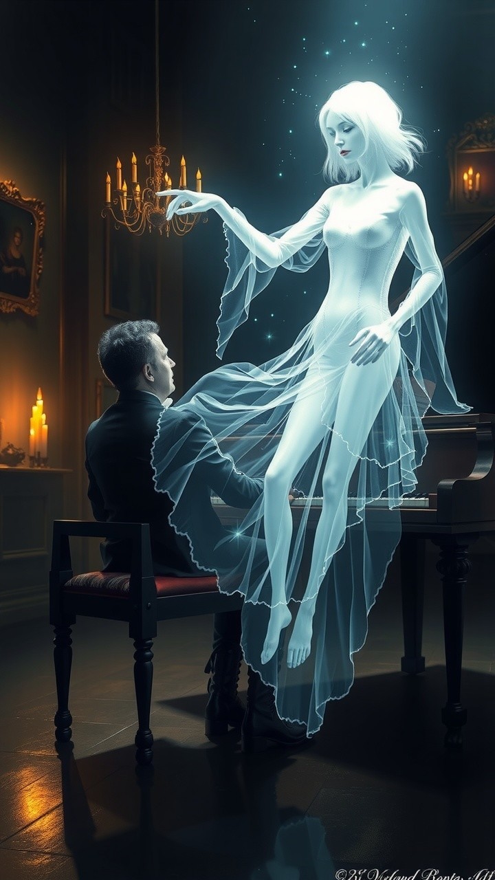 Ghostly Figure Above Grand Piano in Dimly Lit Room