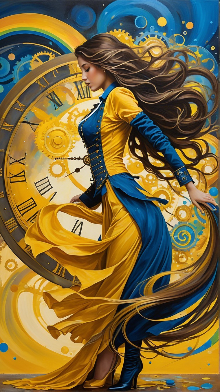 Woman in Flowing Blue and Yellow Dress Dancing Gracefully