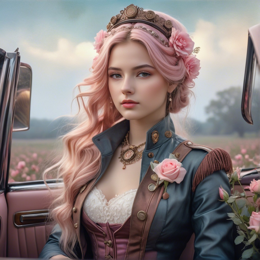 Young woman in vintage car with pink hair and roses