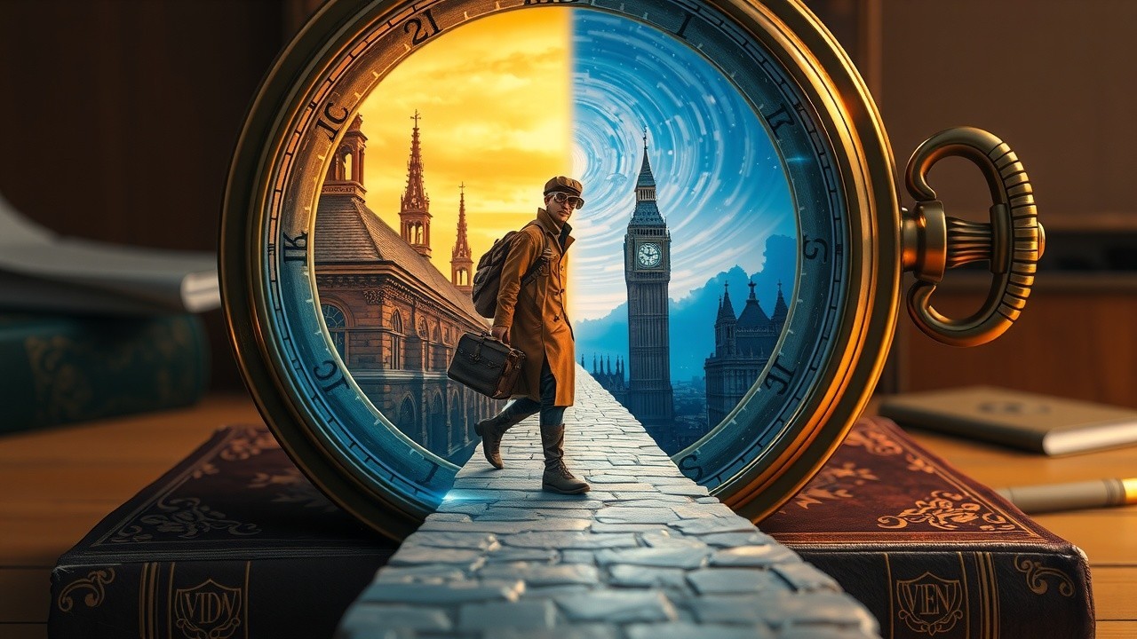 A figure in a coat steps through a pocket watch scene