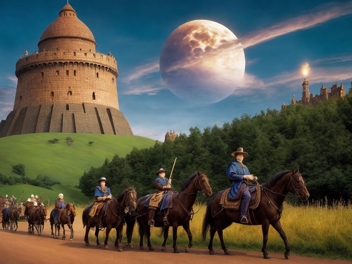 Mounted Figures in Historical Attire in Lush Landscape