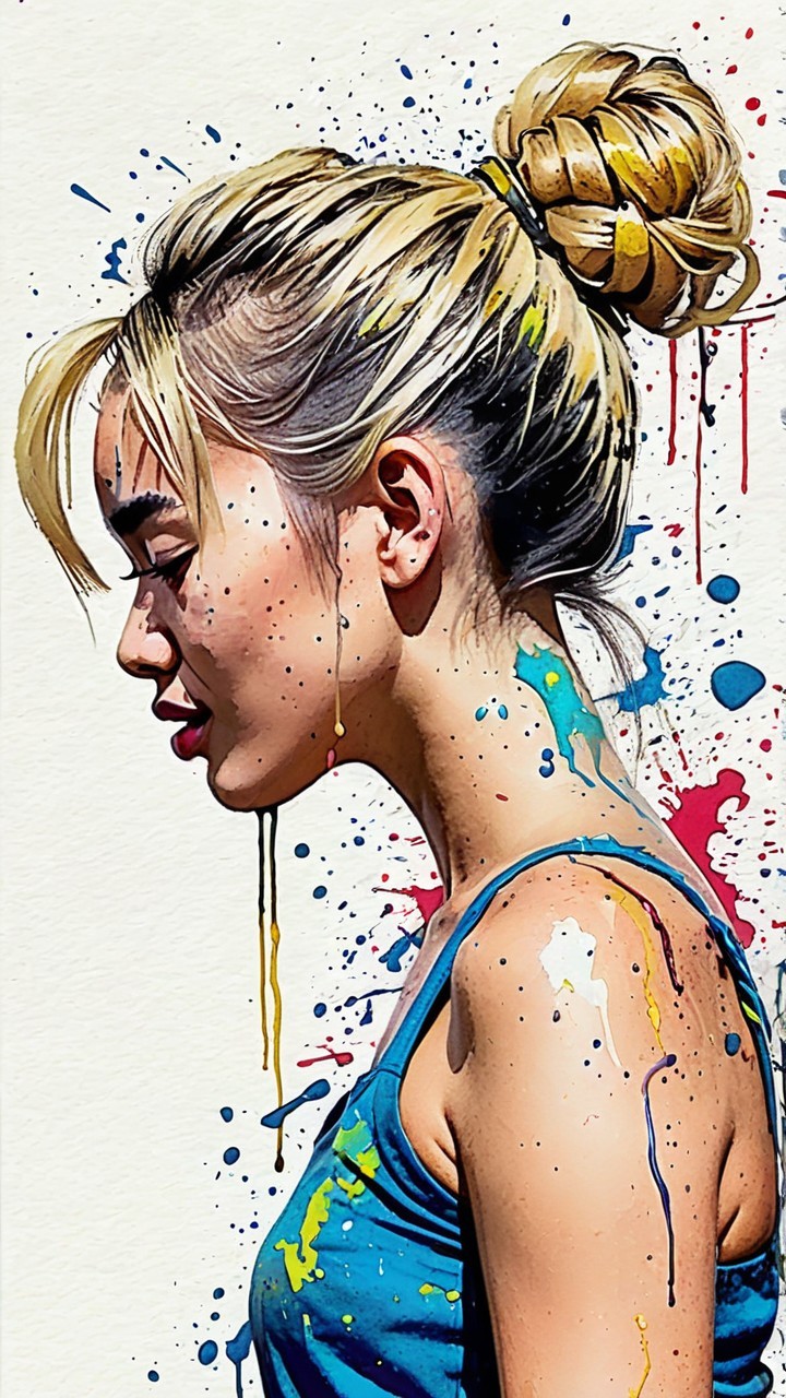 Young woman with colorful paint splatters in profile