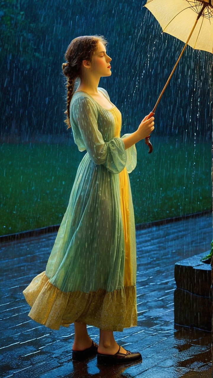 Young woman in pastel dress holding umbrella in rain