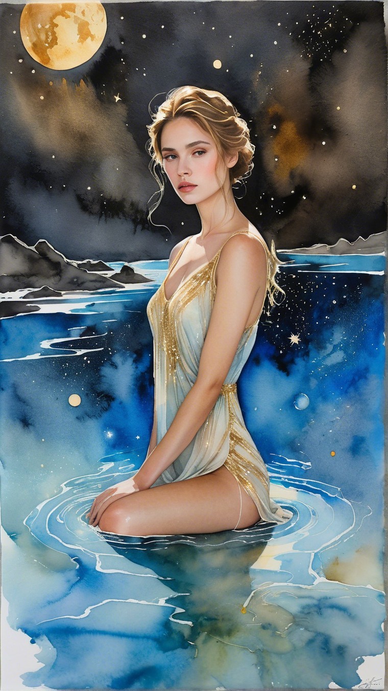 Young woman in shimmering gown by moonlit water