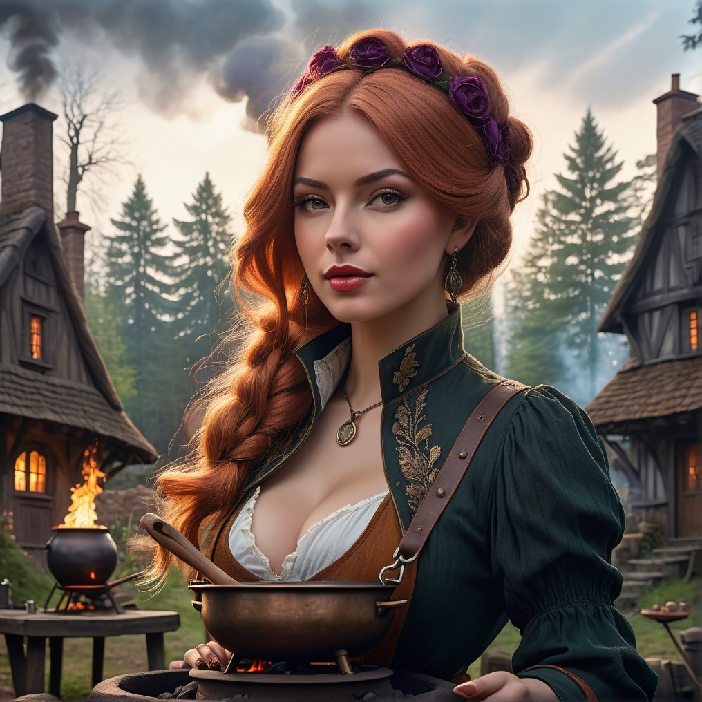 Woman with Red Hair and Cauldron in Enchanted Setting