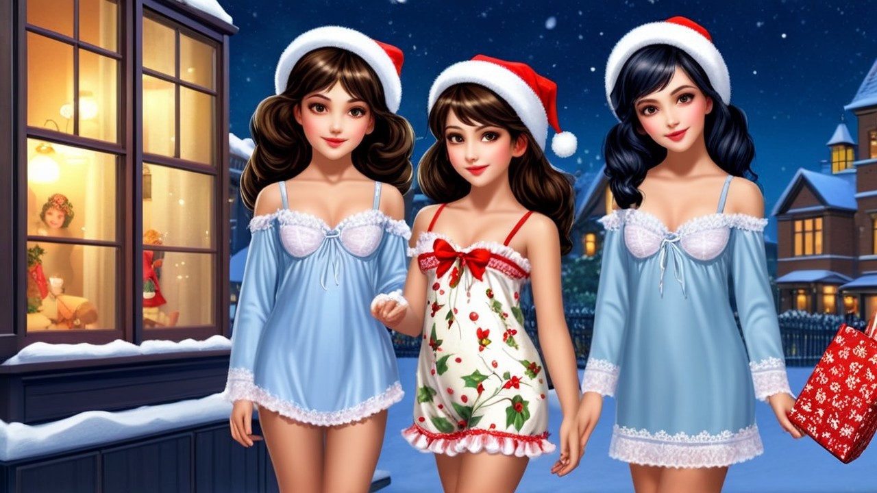 Young Women in Holiday Pajamas in Snowy Setting