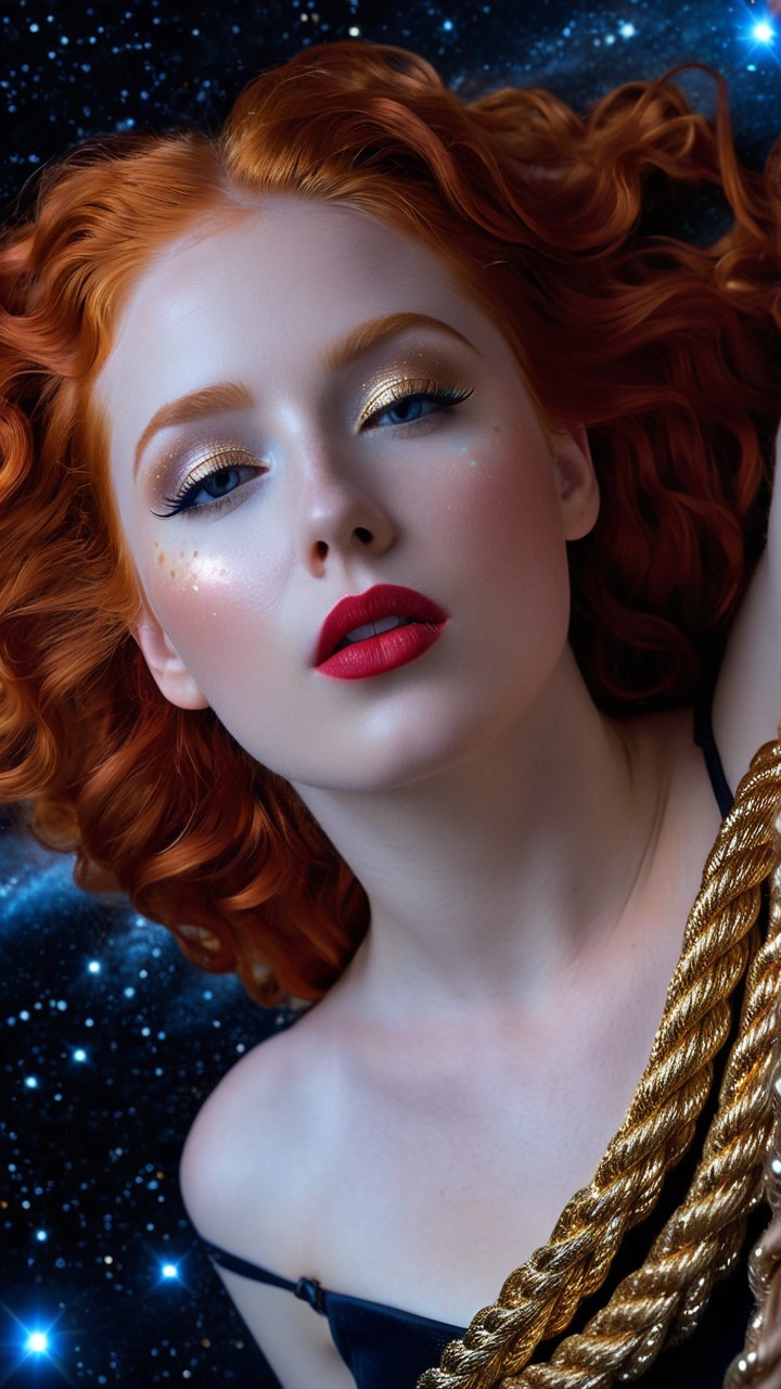 Portrait of a woman with red hair and starry backdrop