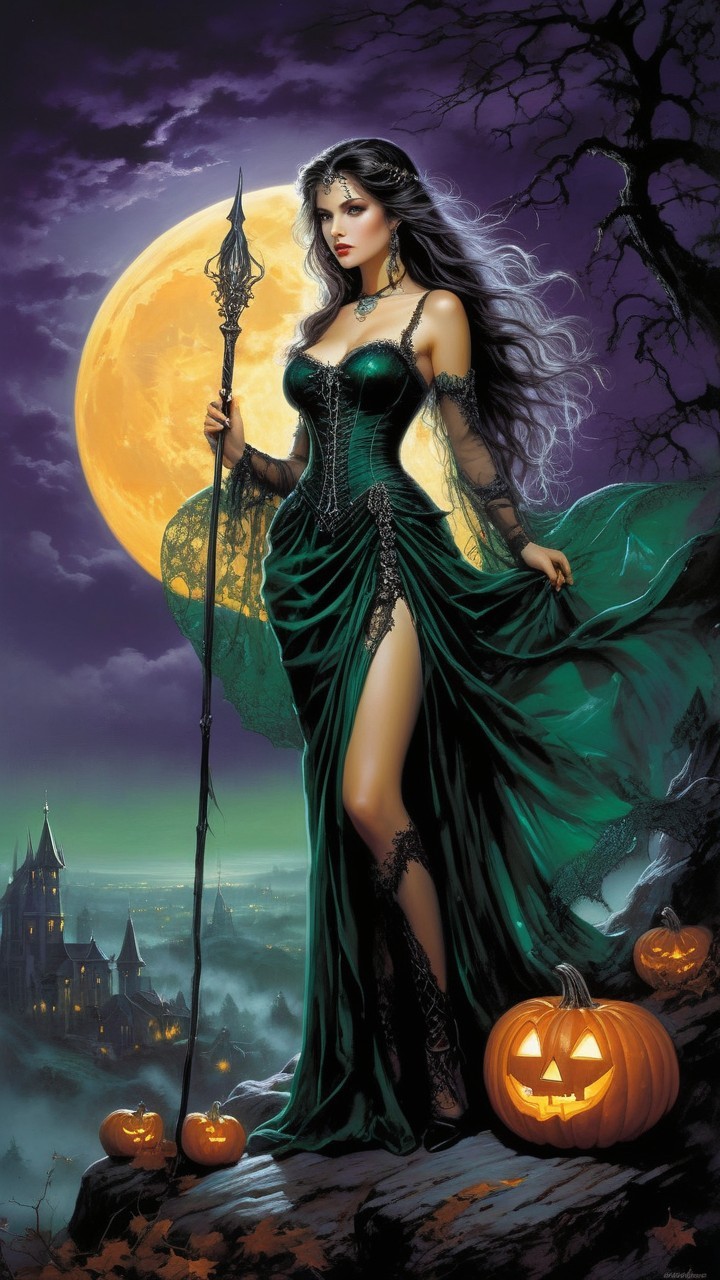 Ethereal Witch Portrait Under Full Moon and Jack-o'-Lanterns