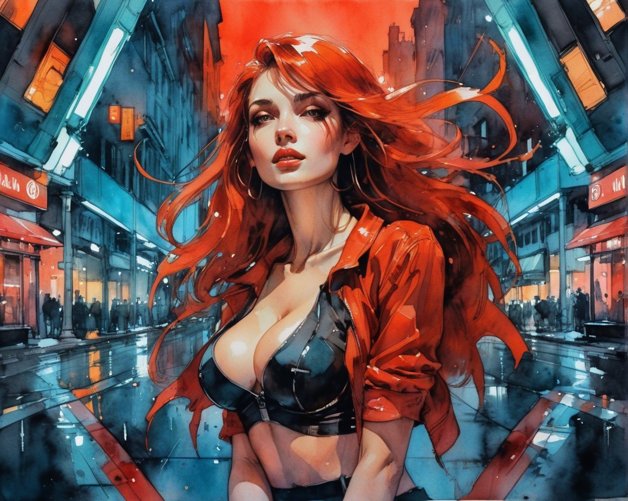 Woman with Red Hair in City Street at Night
