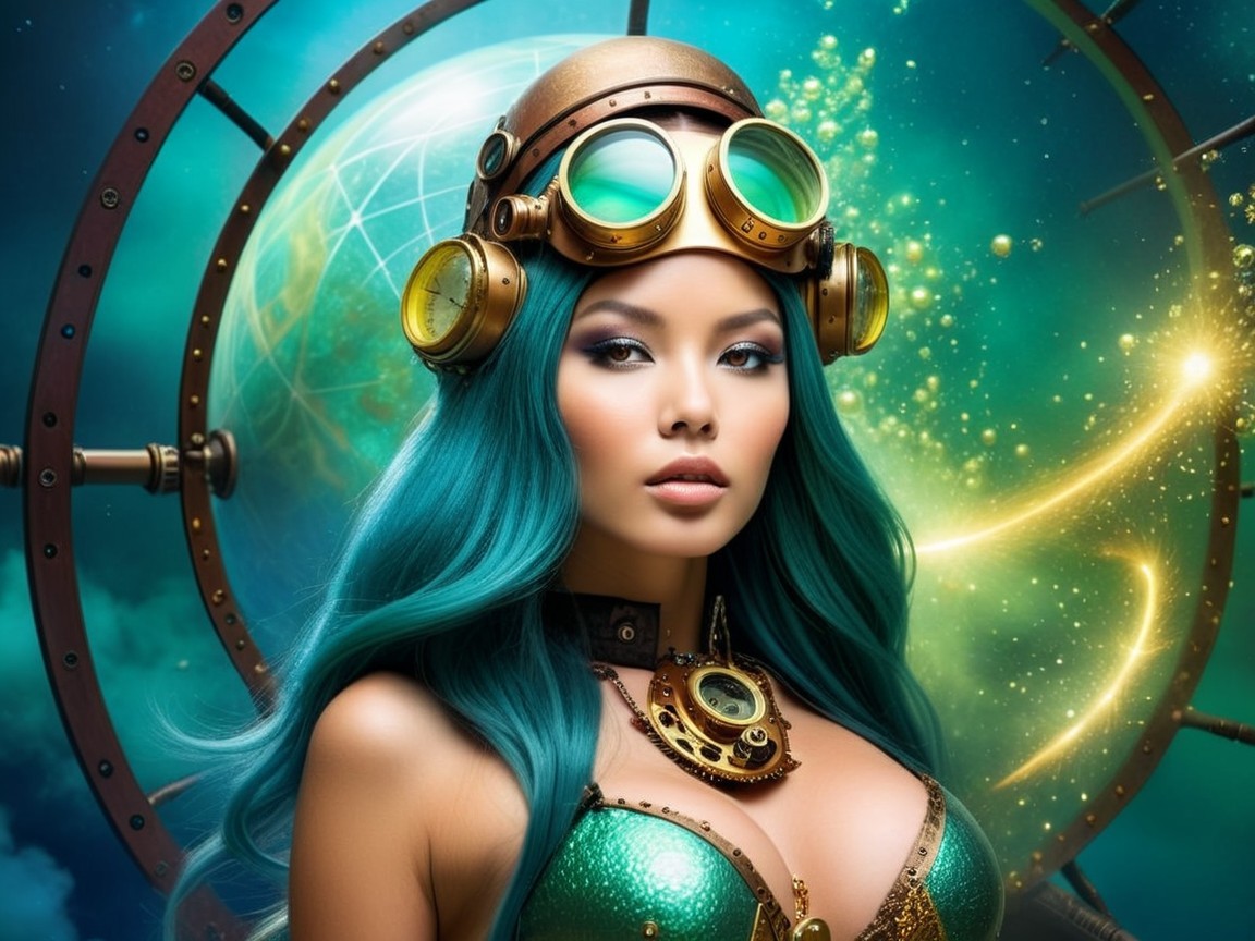 Steampunk figure with teal hair in mystical setting