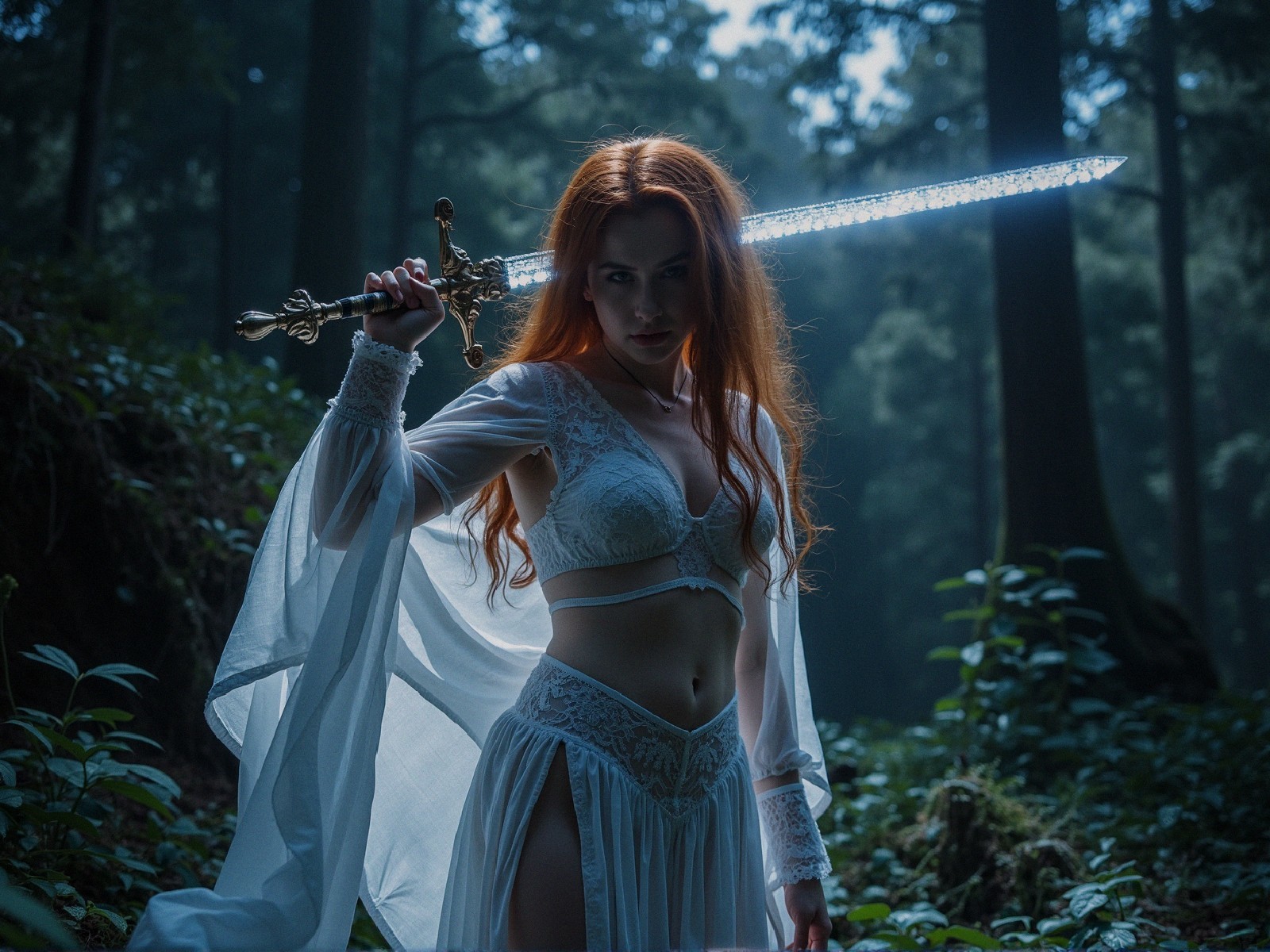 Warrior in Misty Forest with Shimmering Sword
