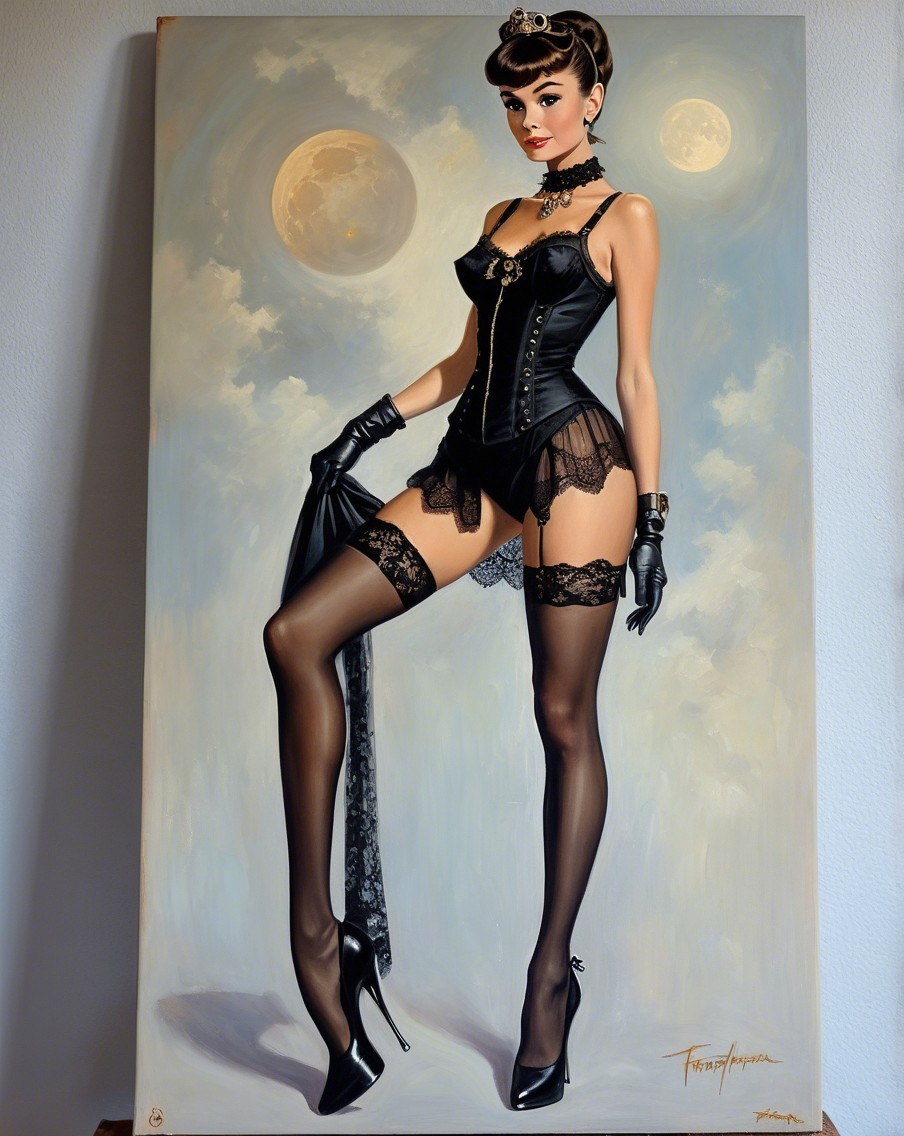 Stylish Pin-Up Girl in Black Lingerie and Accessories