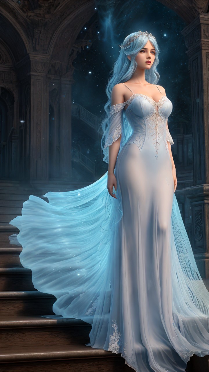 Serene Figure in Ethereal Gown on Grand Staircase
