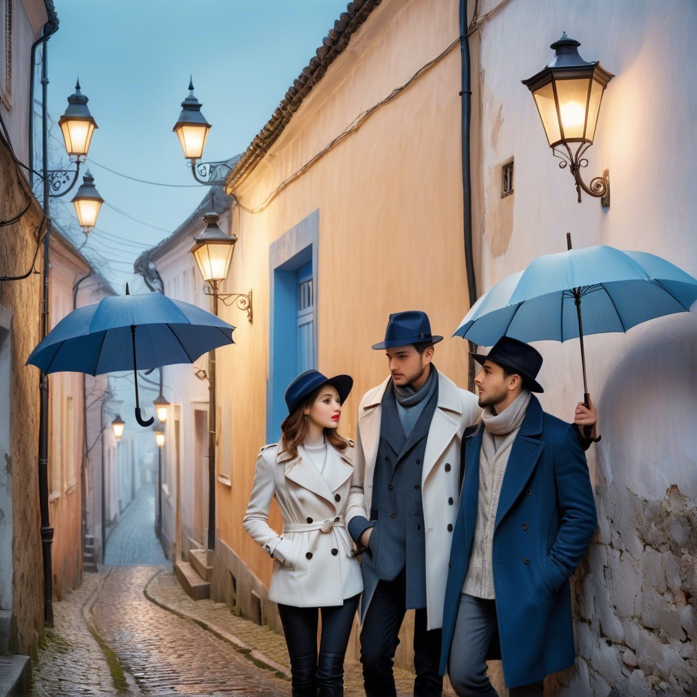 Friends Under Blue Umbrellas on a Foggy Street