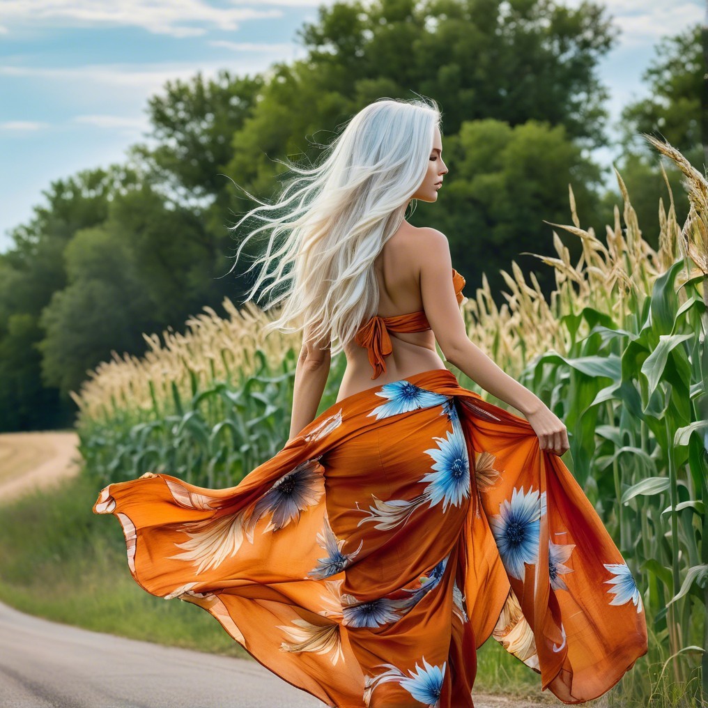 Woman in Orange Dress Twirling in Countryside Fields