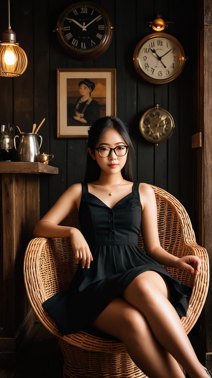 Young woman in black dress in vintage interior setting