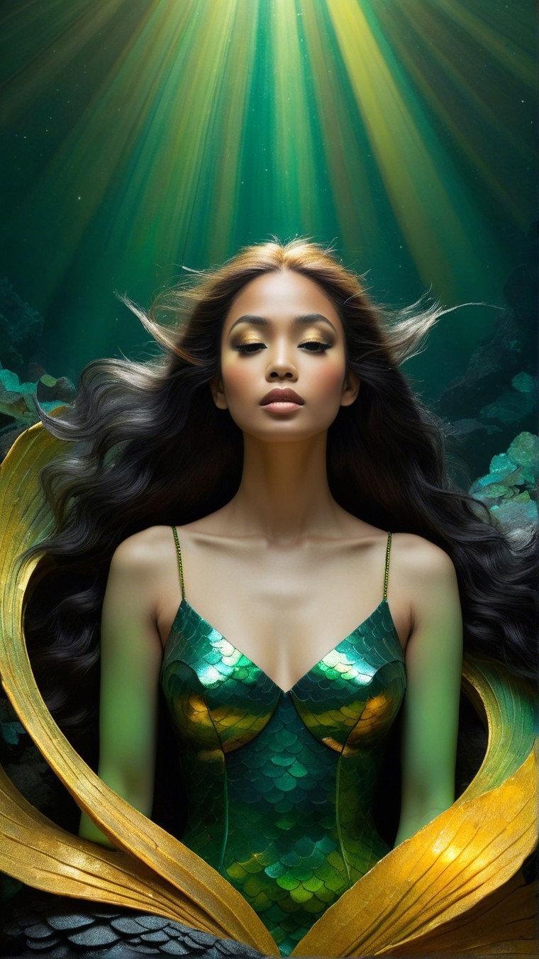 Underwater Scene with Woman in Green Scale Outfit