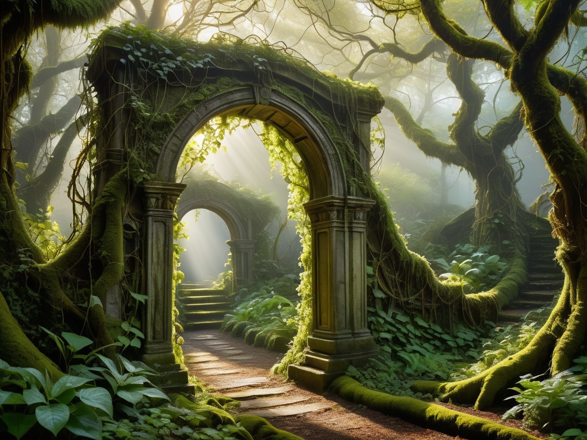 Mystical Forest with Ancient Stone Arches and Vines