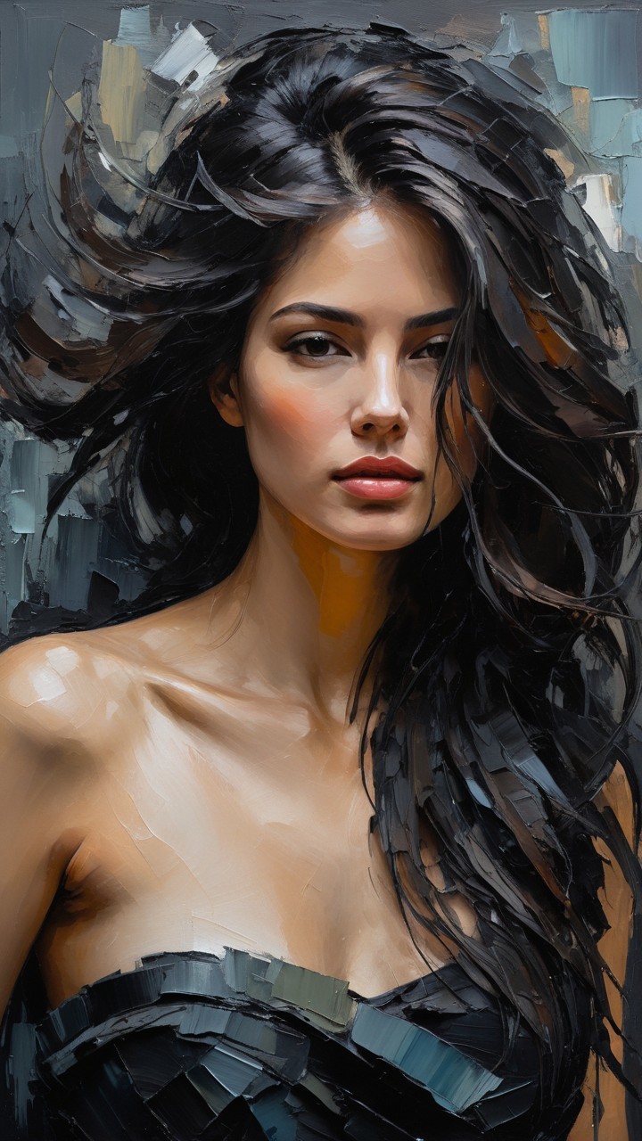 Portrait of a Woman with Flowing Dark Hair and Intense Gaze