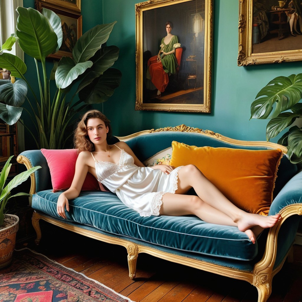 Model on Teal Velvet Sofa in Elegant Room Setting