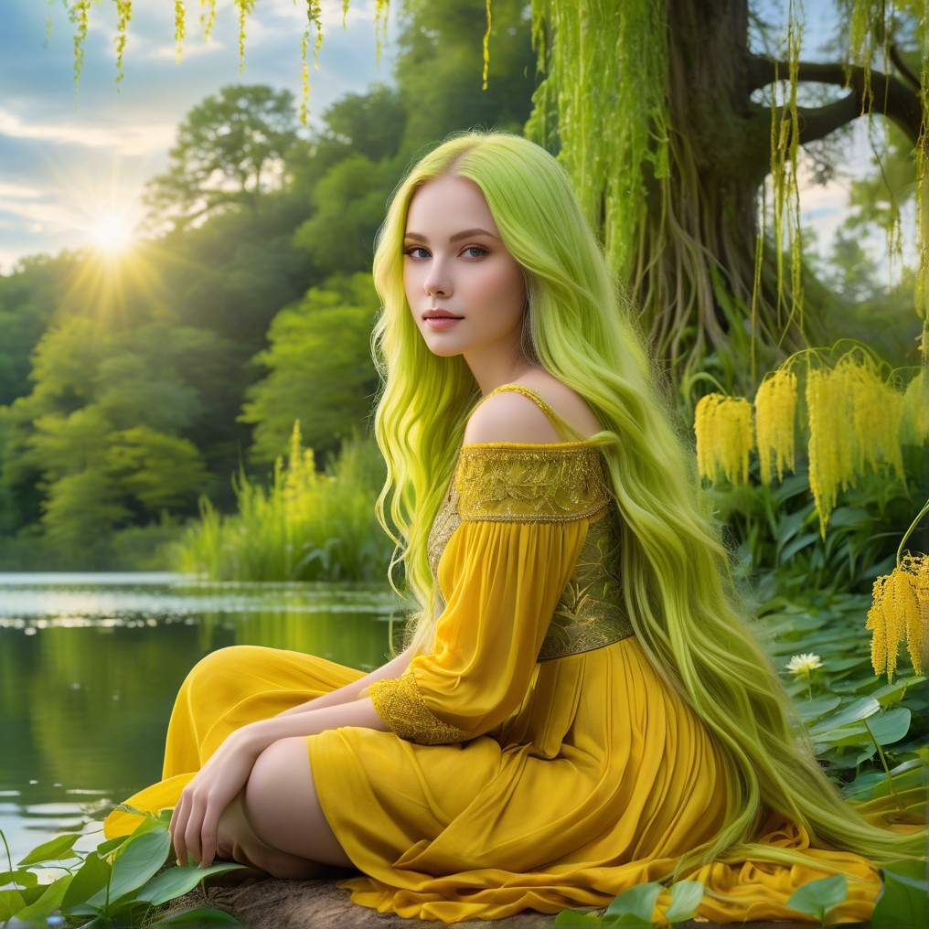Young woman with green hair by serene lake