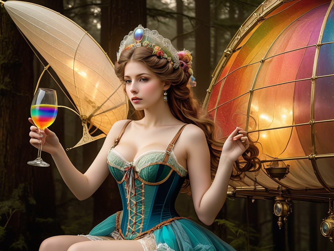 Young woman in corset by colorful lanterns in forest