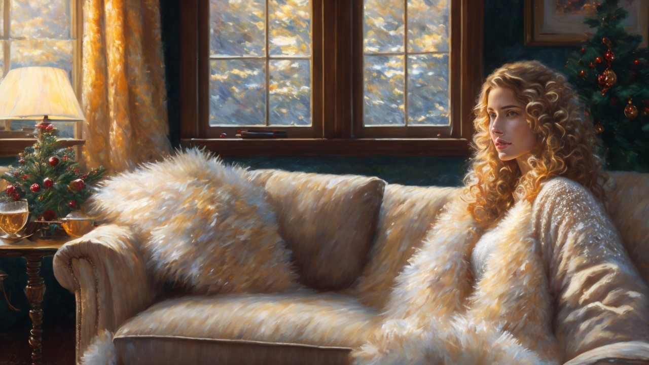 Elegant Woman in Cozy Winter Room with Christmas Tree