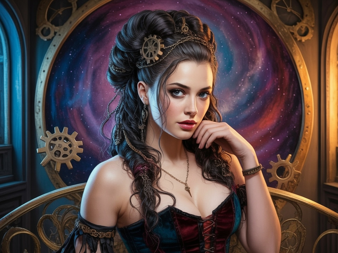 Young woman in steampunk attire with cosmic backdrop