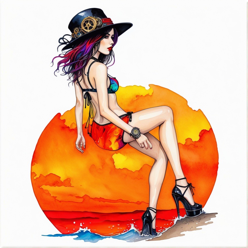 Young Woman in Colorful Bikini by Sunset Beach