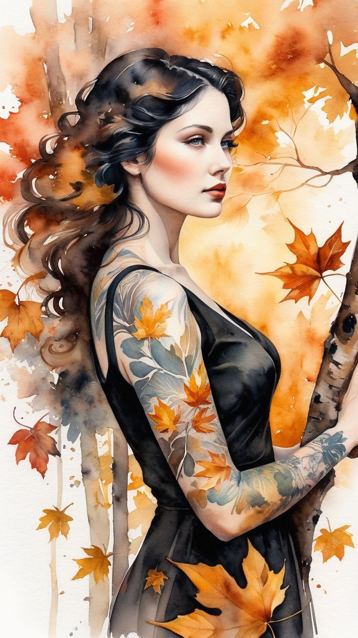 Watercolor Illustration of Woman Among Autumn Leaves