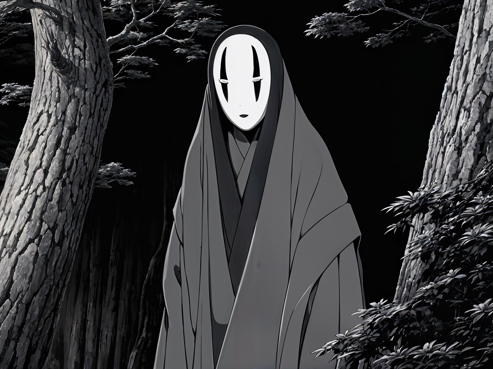Mysterious Figure in Dark Forest with Mask and Robes