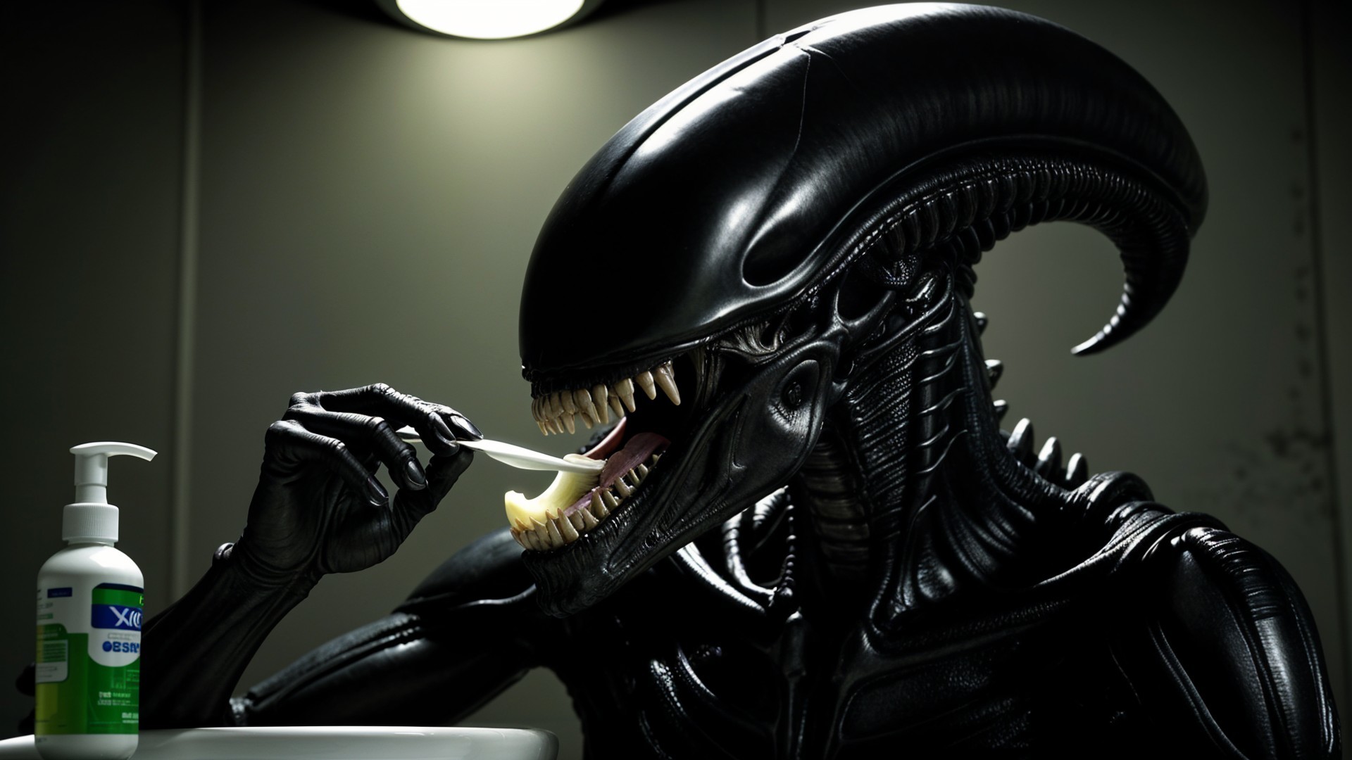 Humanoid Alien Brushing Teeth at Bathroom Sink