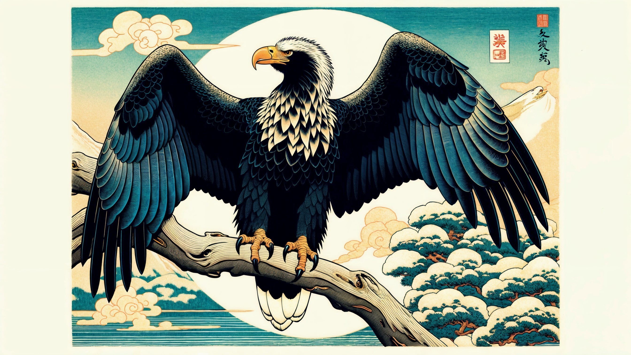 Majestic eagle on branch with moonlit landscape backdrop